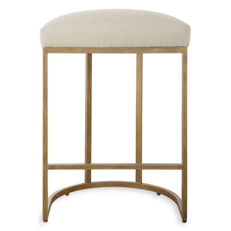 Gyn Counter Height Stool, Cream Performance Fabric, Brass Cantilever Base