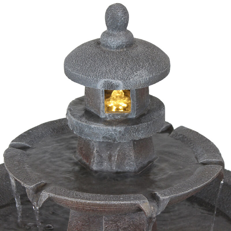 Sunnydaze Pagoda Polyresin Outdoor 2-Tier Water Fountain with Lights