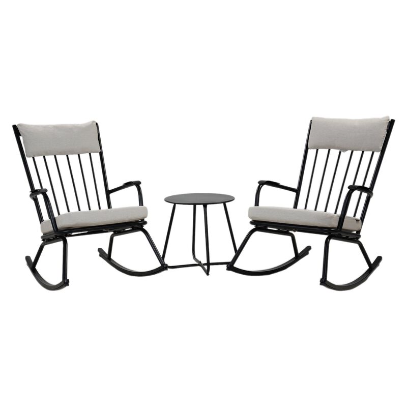Mondawe Outdoor 3-Pcs Detachable Rocking Chair Set W/ Thick Cushions Seat & X-Shaped Base Side Table