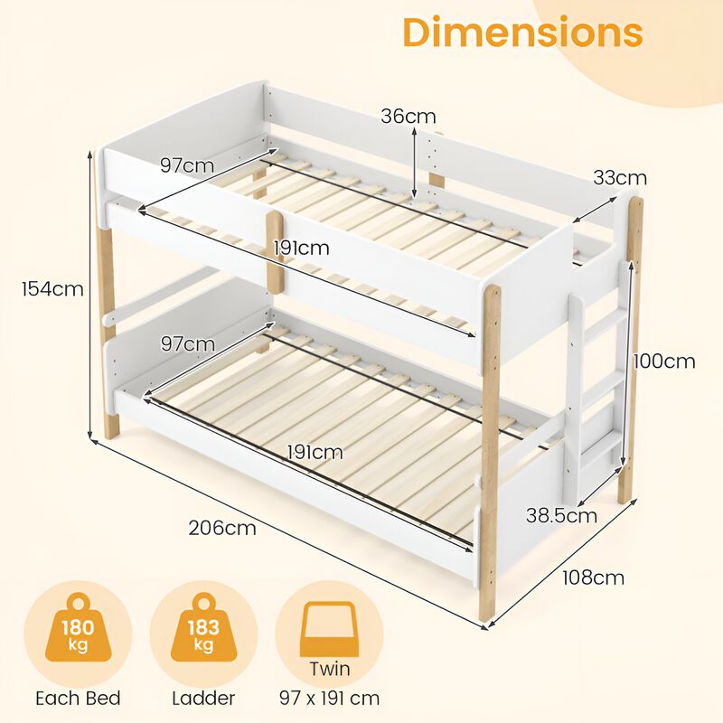 Twin Over Twin Bunk Bed with Ladder Converts to 2 Twin Beds Wood Frame image number 2