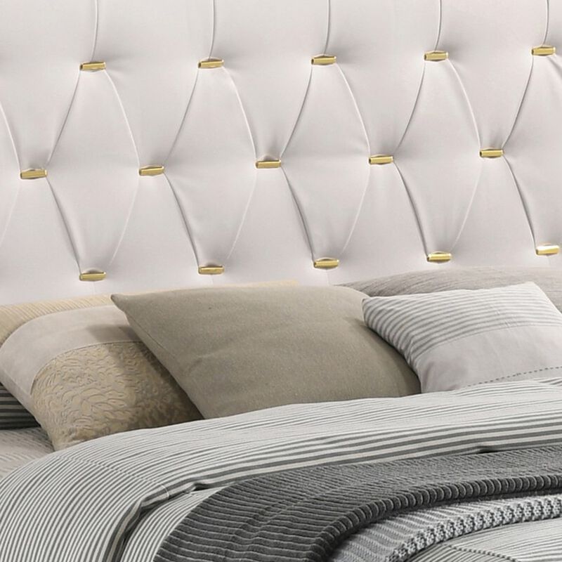 Lif Platform California King Size Bed, Tufted Headboard, Gold, White Velvet-Benzara image number 3
