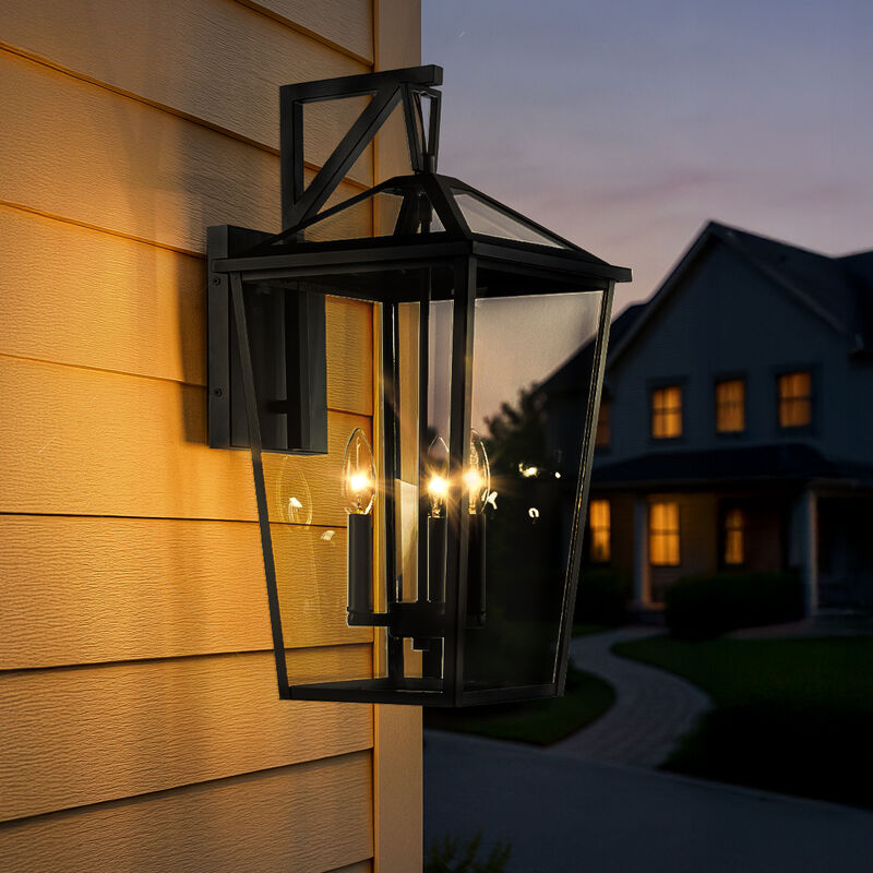 H22" 3-Light Classic Large Outdoor Wall Lantern Matte Black Exterior Wall Sconce with Clear Tempered Glass Open Bottom Wall Mount Light Fixture for Porch Garage Entryway image number 1