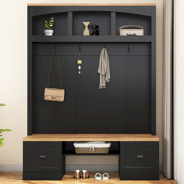 Merax Farmhouse 4-in-1 Hall Tree with Wood Grain Bench