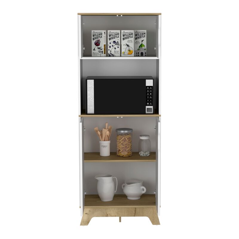 Pamplona Microwave Tall Cabinet Counter Surface, Top And Lower Double Doors Cabinets -Light Oak / White