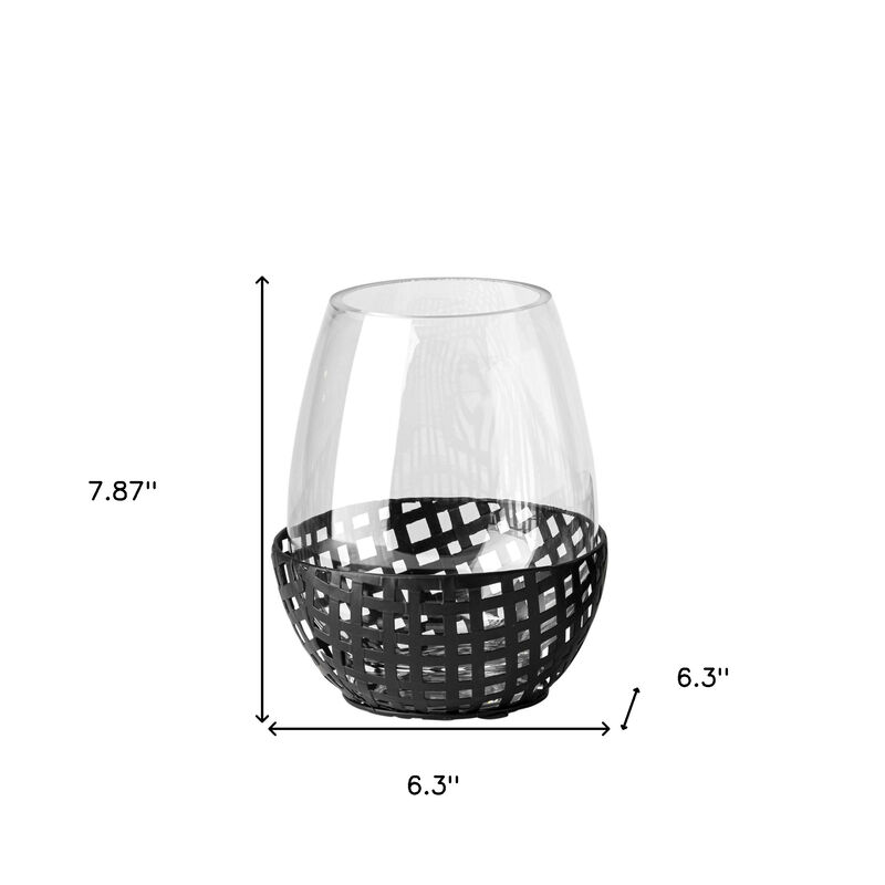 HomeRoots 8" Black Woven Metal And Glass Tabletop Hurricane Candle Holder