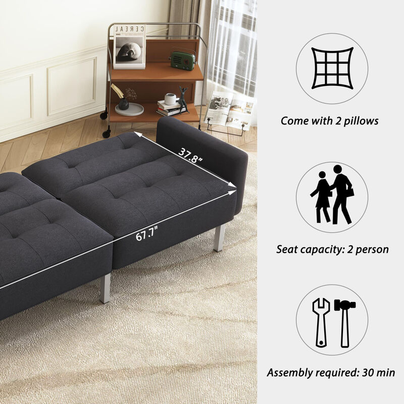 Linen Upholstered Modern Convertible Folding Futon Sofa Bed for Compact Living Space, Apartment, Dorm, Black
