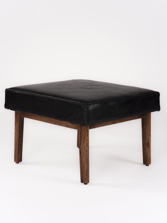 Handmade Eco-Friendly Geometric Buffalo Leather & Wood Black Square Ottomon Stool 24"x24"x16" From BBH Homes