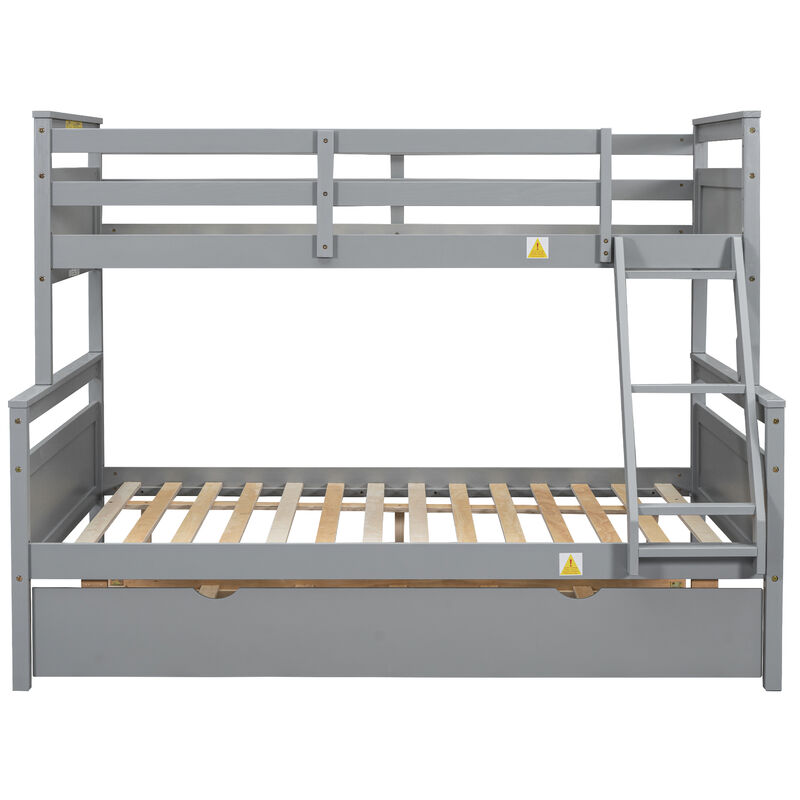 Whisen Twin over Full Bunk Bed with Ladder, Twin Size Trundle, Safety Guardrail - Gray
