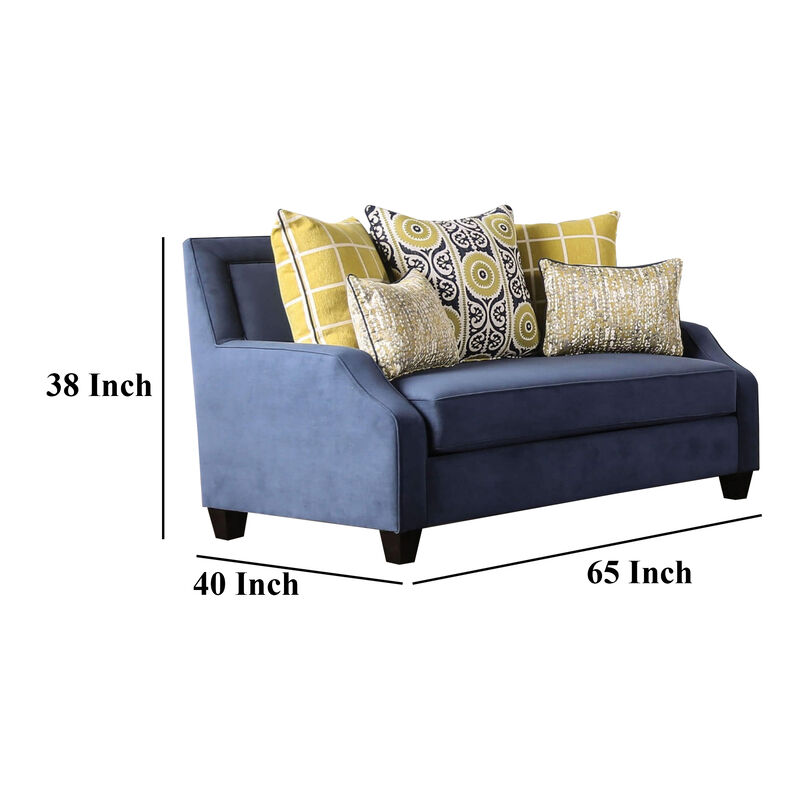 Omis Loveseat, Navy Blue Velvet, 5 Accent Pillows, Solid Wood, 65 Inch - Benzara - Benzara image number 4
