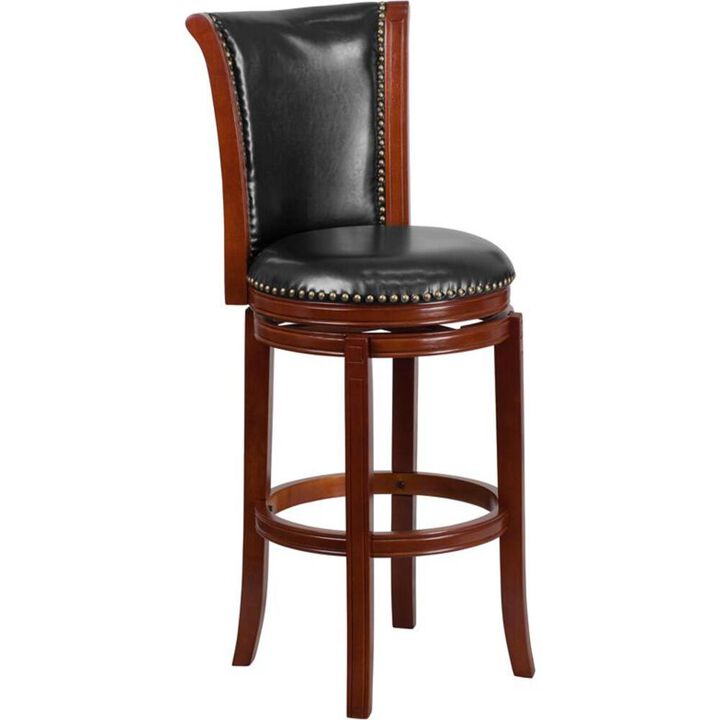 Flash Furniture 30'' High Dark Chestnut Wood Barstool with Panel Back and Black LeatherSoft Swivel Seat