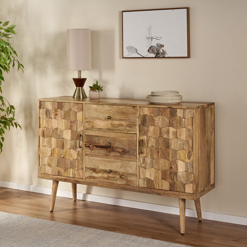 TATEUS Mid-Century Splayed-Leg Sideboard – 3 Drawers 2 Cabinets, Unique Wood Grain