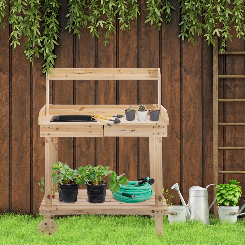 Hivvago 36" Wooden Potting Bench with Wheels, Sink, and Storage image number 1