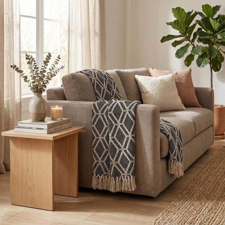 HomeRoots Grey and Beige Handloom Geometric Woven Throw Blanket