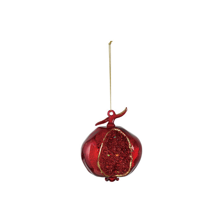 Red & Gold Glass Pomegranate Ornament with Beaded Accents