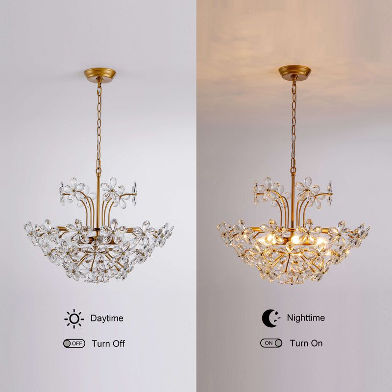 Rosa Modern 6-Light Daisy Glam Clear Crystals Large Size Chandelier - Medium‑gloss Brushed Brass Finish image number 7