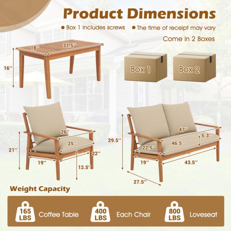 Hivvago 4 Pieces Outdoor Acacia Wood Conversation Set with Soft Cushions and Coffee Table