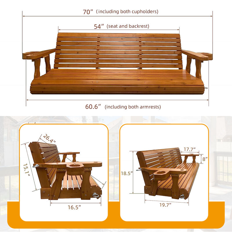Wooden Porch Swing 3-Seater, Bench Swing with Cupholders, Hanging Chains and 7mm Springs, Heavy Duty 800 LBS, for Outdoor Patio Garden Yard, Brown-5 feet Extra Large