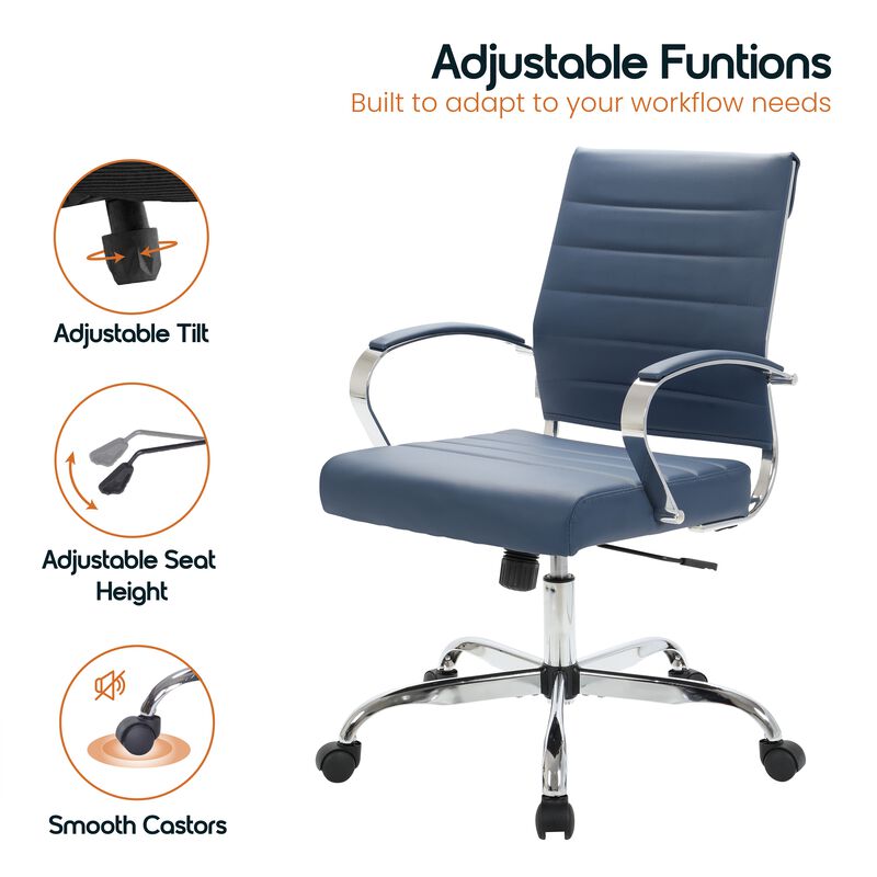 LeisureMod Benmar Mid-Back Office Chair, Leather Upholstery with Swivel, Tilt, and Chrome Base, Modern Desk Seating for Home Office or Conference Room