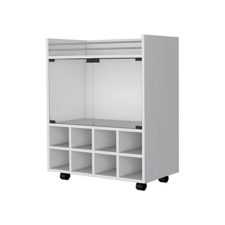 DEPOT E-SHOP  black bar- coffee cart 32" H, Kitchen or living room cabinet storage with 4 wheels, with 8 bottle racks, a central shelf covered by 1 galss door, ideal for storing glasses and snacks