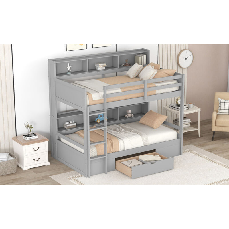 Twin Size Bunk Bed with Built-in Shelves Beside both Upper and Down Bed and Storage Drawer, Gray