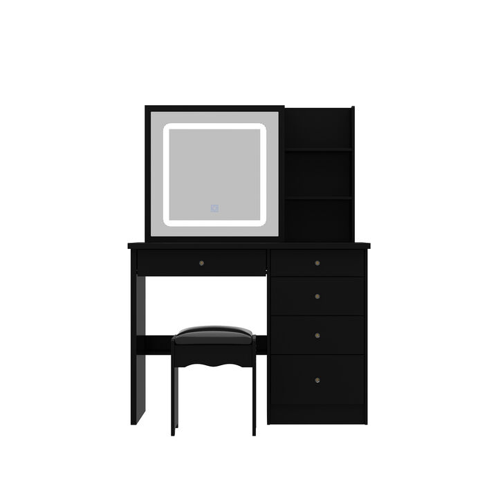 5-Drawers Black Wood LED Push-Pull Mirror Makeup Vanity Sets Dressing Table Sets with Stool and 3-Tier Storage Shelves