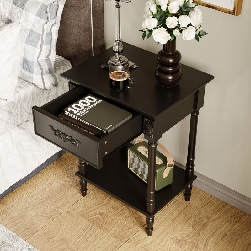 FUFU&GAGA Vintage Bedside Cabinet with Drawer Open Shelf Solid Wood Legs and Black Paint Finish 19.7''L × 15.7''W × 27''H