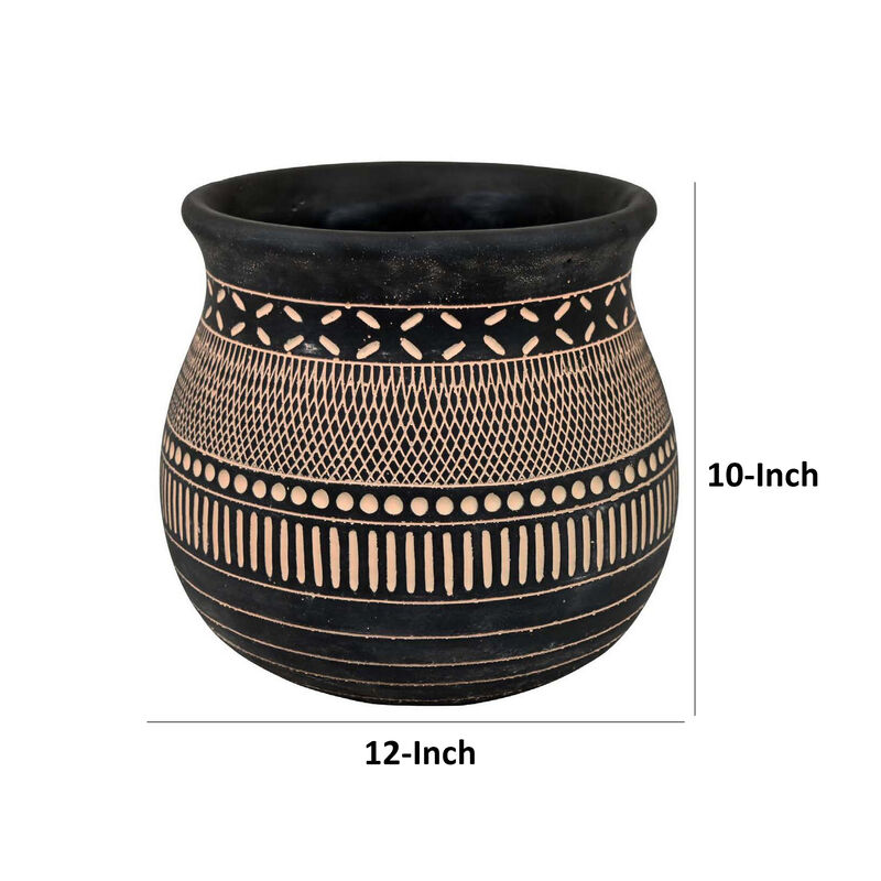 12 Inch Planter, Resin, Large Pot Shape, Tribal Design, Black and Beige - Benzara
