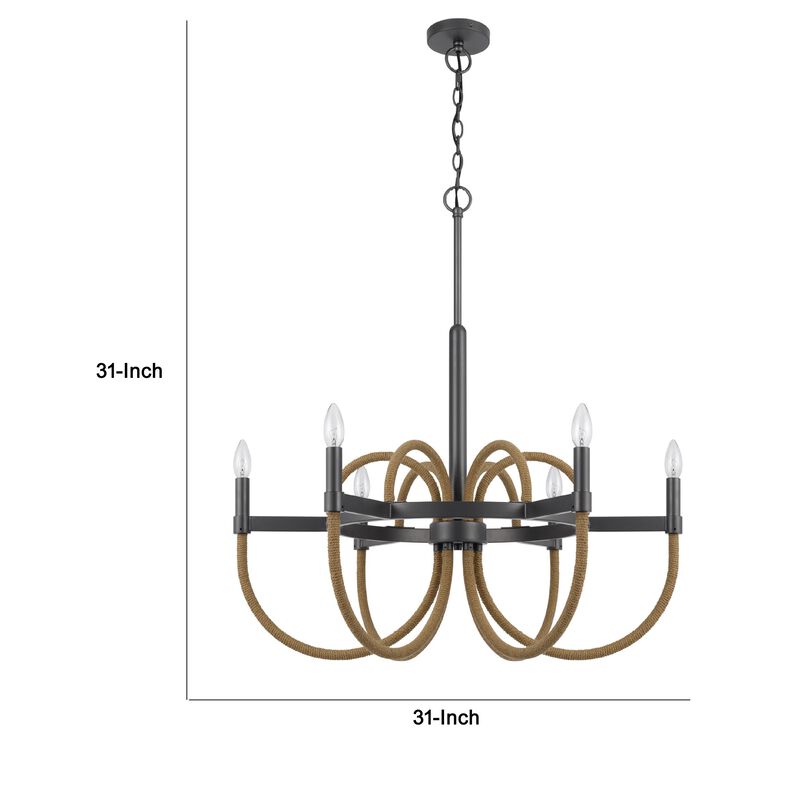 6-Light Candelabra Chandelier with Burlap Rope, Black Metal, 31 Inch image number 7