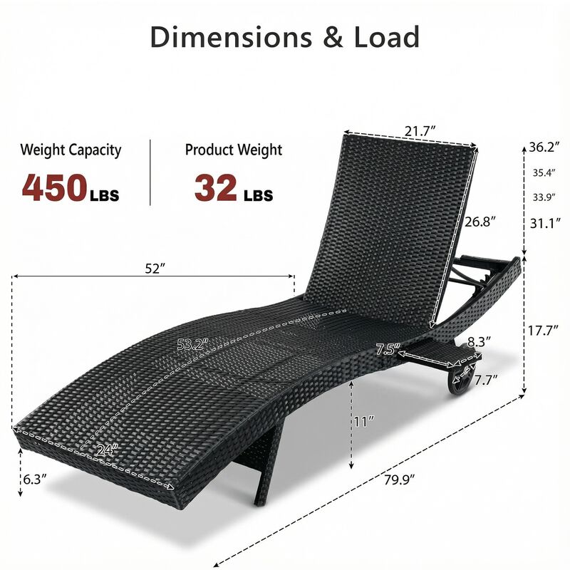 Whisen Patio Lounge Chairs with Rolling Wheels, Pull-out Side Table, Adjustable Backrest image number 9