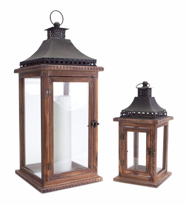 HouzBling Lantern (Set of 2) 14.25"H, 23.5"H Wood/Iron/Glass