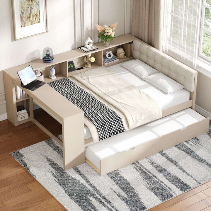 Whisen Platform Bed with Storage Shelves, Trundle, Charging Station and Upholstered Headboard
