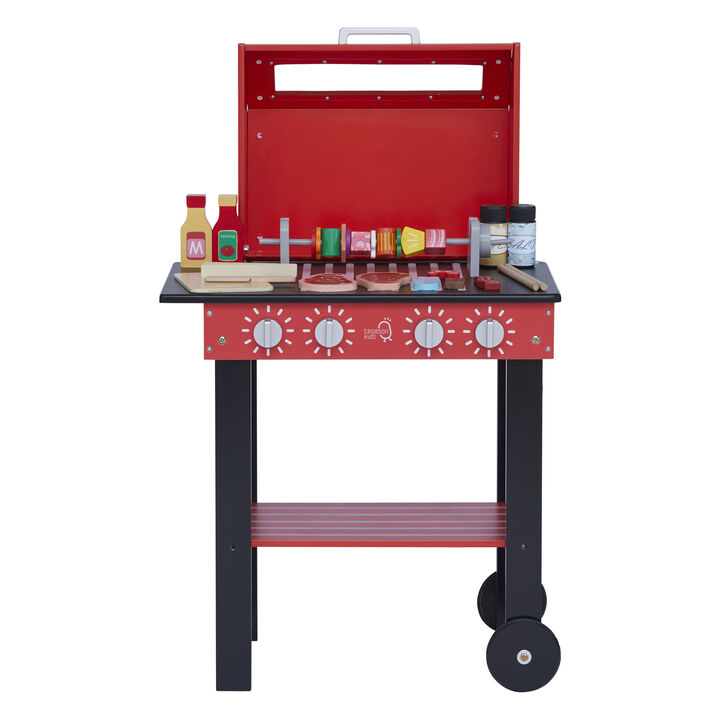 Little Helper Backyard BBQ Grill Playset with 26 Cooking Accessories, Red/Black
