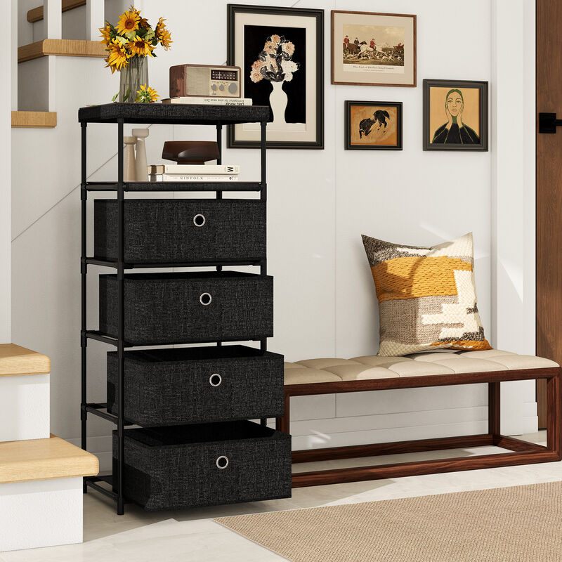 4 Drawer Storage Tower with Fabric Bins, Wood Top and Sturdy Metal Frame
