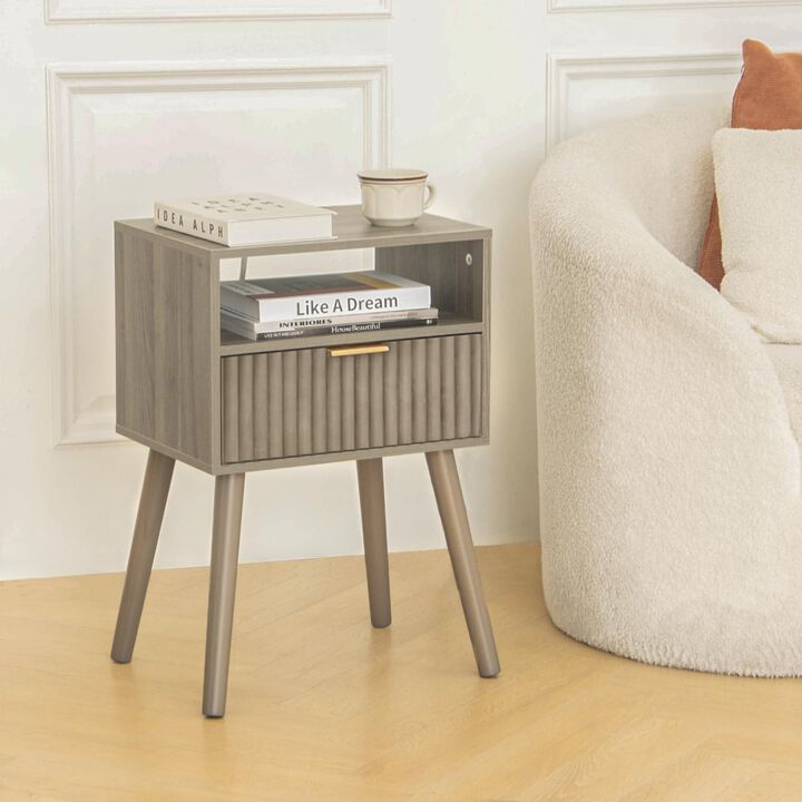 Fultyle Night Stand with Charging Station, Modern Bedside Table with Drawer and Solid Wood Legs, Fluted Side End Table for Bedro