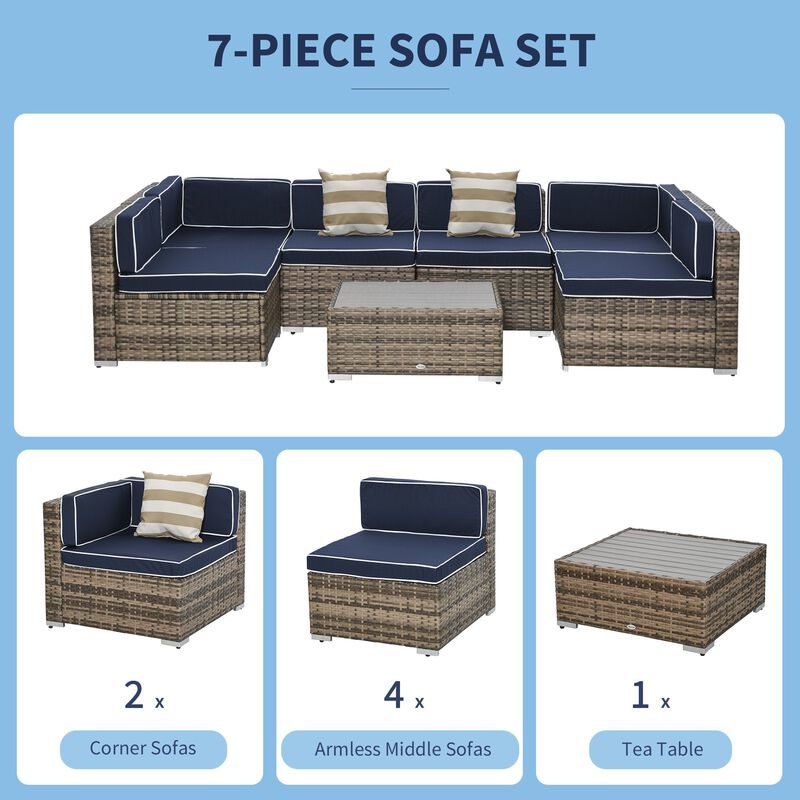 7-Piece Patio Furniture Sets Outdoor Wicker Conversation Sets PE Rattan Sectional sofa set with Cushions & Slat Plastic Wood Table, Blue image number 4
