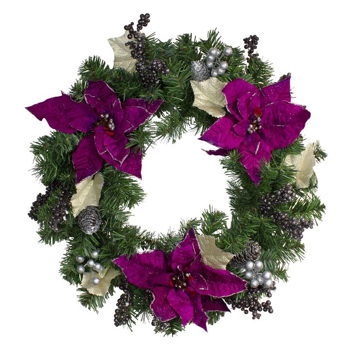 Purple Poinsettia and Silver Pine Cone Artificial Christmas Wreath - 24-Inch  Unlit