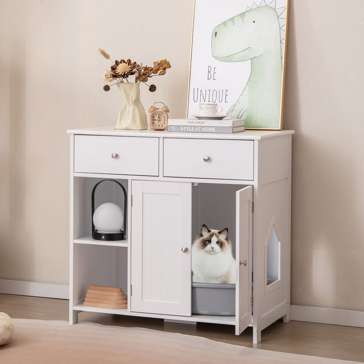 Hidden Cat Washroom Side Cabinet with 2 Drawers &ndash; Wooden Pet House & Litter Box Enclosure