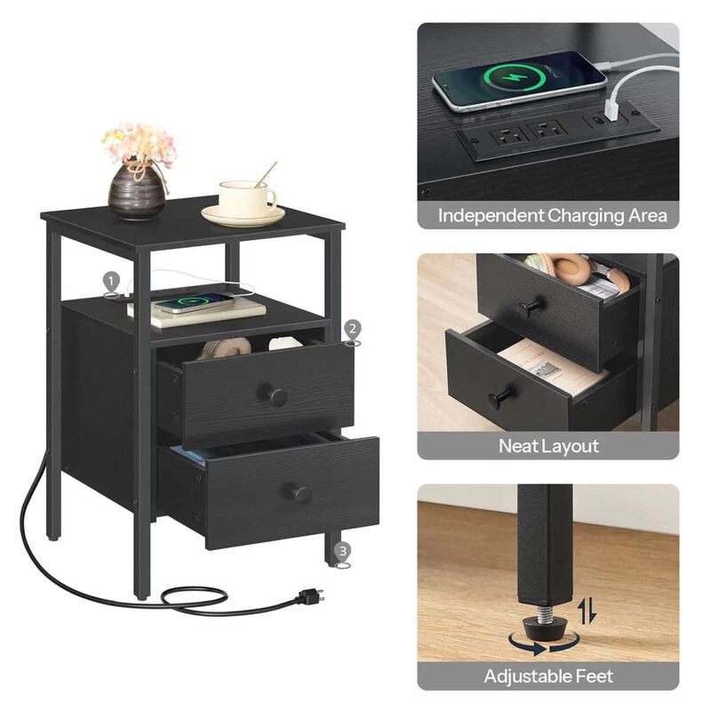 Bedroom Nightstand Set of 2 with Charging Outlets and Storage Drawers- Black image number 7