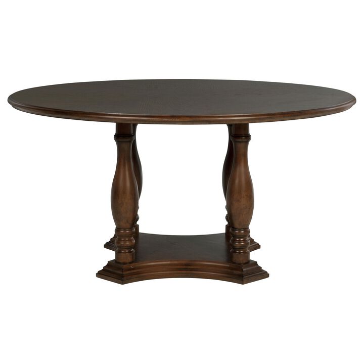 Monta Round Dining Table, Turned Legs and Shelf, Brown Wood 60 Inch - Benzara