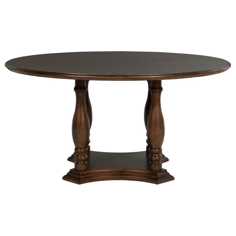 Monta Round Dining Table, Turned Legs and Shelf, Brown Wood 60 Inch - Benzara
