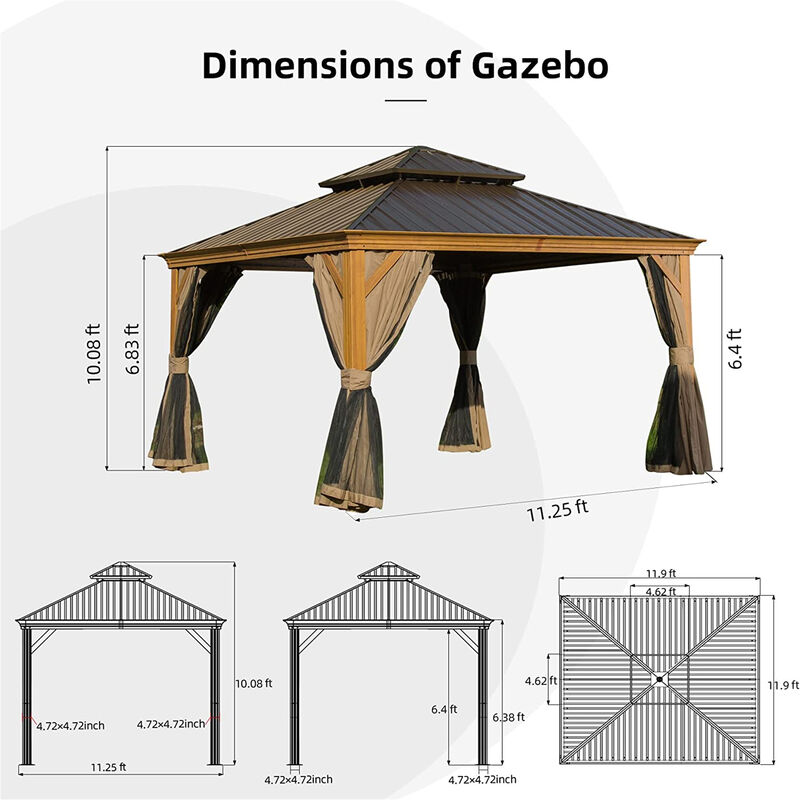 MONDAWE 12x12ft Hardtop Gazebo, Wooden Coated Aluminum Frame Canopy with Galvanized Steel Double Roof, Outdoor Permanent Metal Pavilion with Curtains and Netting for Patio, Deck and Lawn(Wood-Looking)