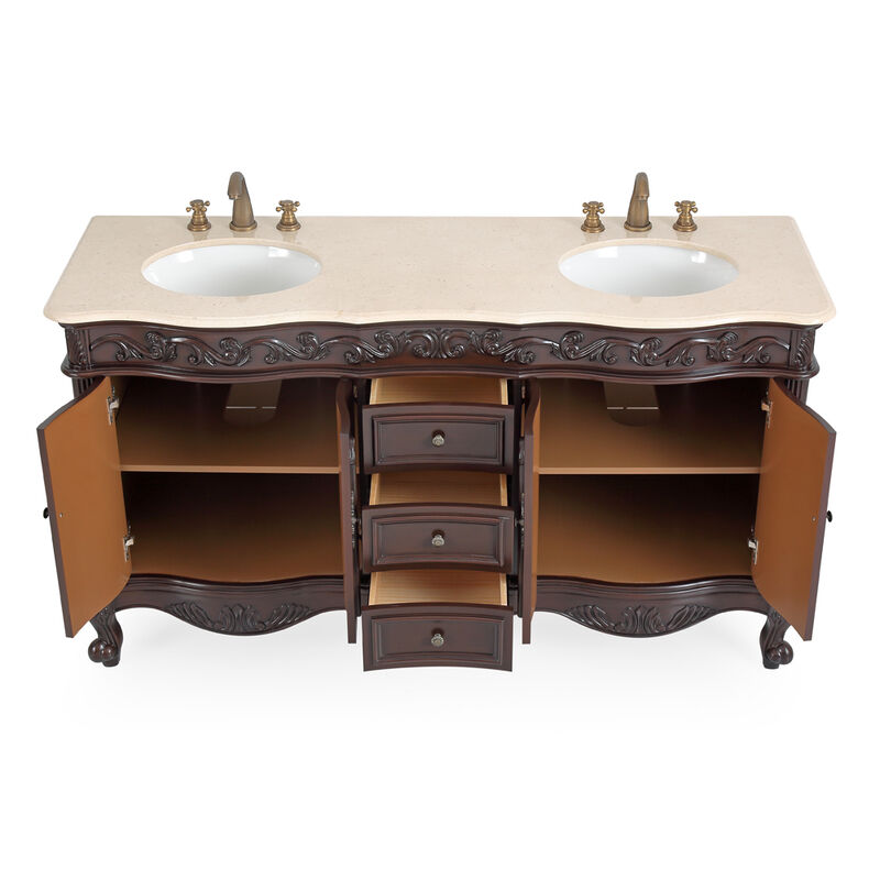64 Inch Cherry Brown Traditional Style Double Sink Cream Marble Top Beckham Bathroom Vanity image number 2