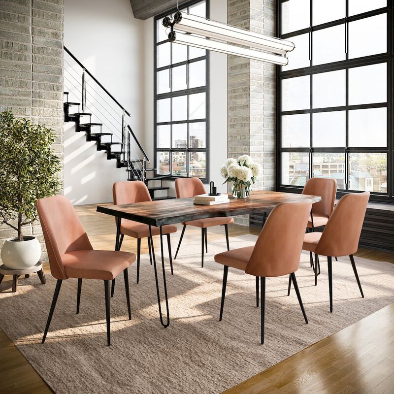 Jofran Seven Piece Solid Acacia Dining Set with Upholstered Mid-Century Modern Chairs