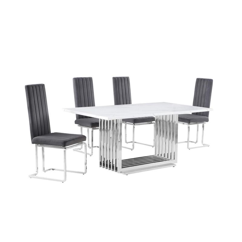 5pc Small(68") marble top dining set with silver base and 4 Dark grey chairs