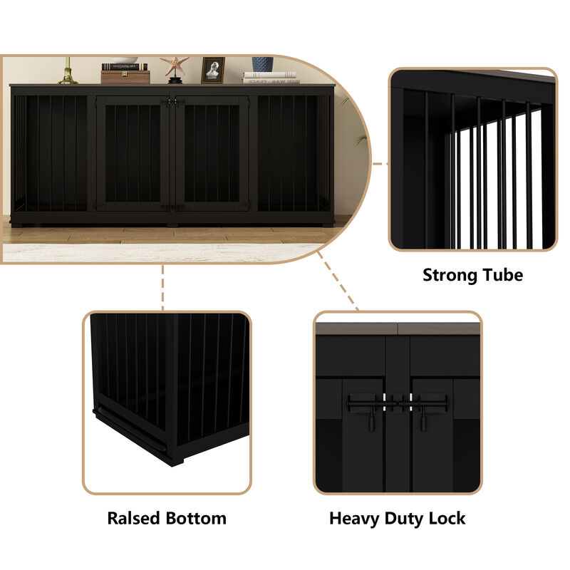 Black Large Dog Crate Furniture for 2 Dogs, 71 in. Heavy-Duty Wooden Dog Crate w/Trays and Divider for Large Medium Dog