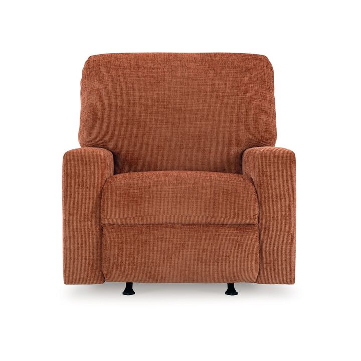 Avie Rocker Recliner Chair, Gentle Motion, Burnt Orange Polyester - Benzara