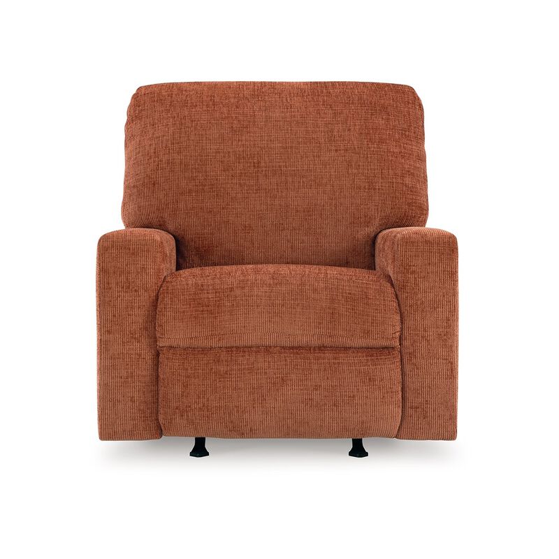 Avie Rocker Recliner Chair, Gentle Motion, Burnt Orange Polyester - Benzara