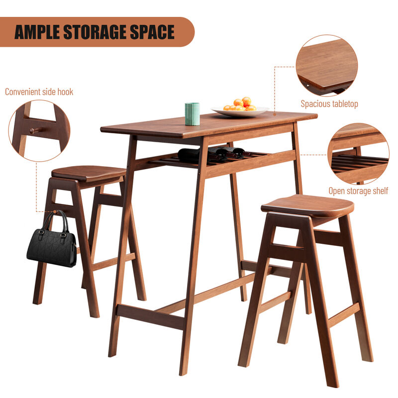 3 PCS Pub Dining Set Retro Bar Table Rubber Wood Stackable Backless High Stool for 2 with Shelf and Hooks for Home Bar Small Space