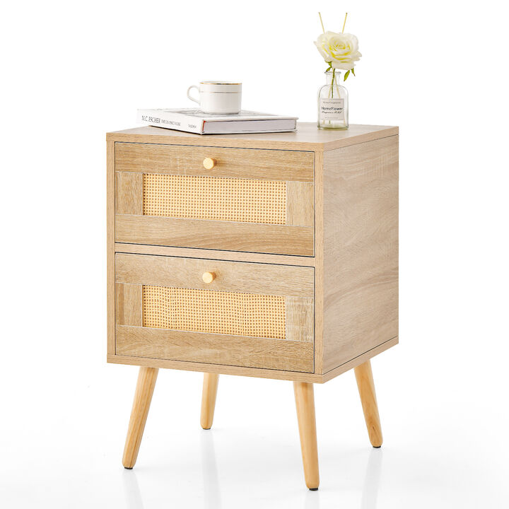 Rattan Nightstand Accent Bedside Table with 2 Storage Drawers