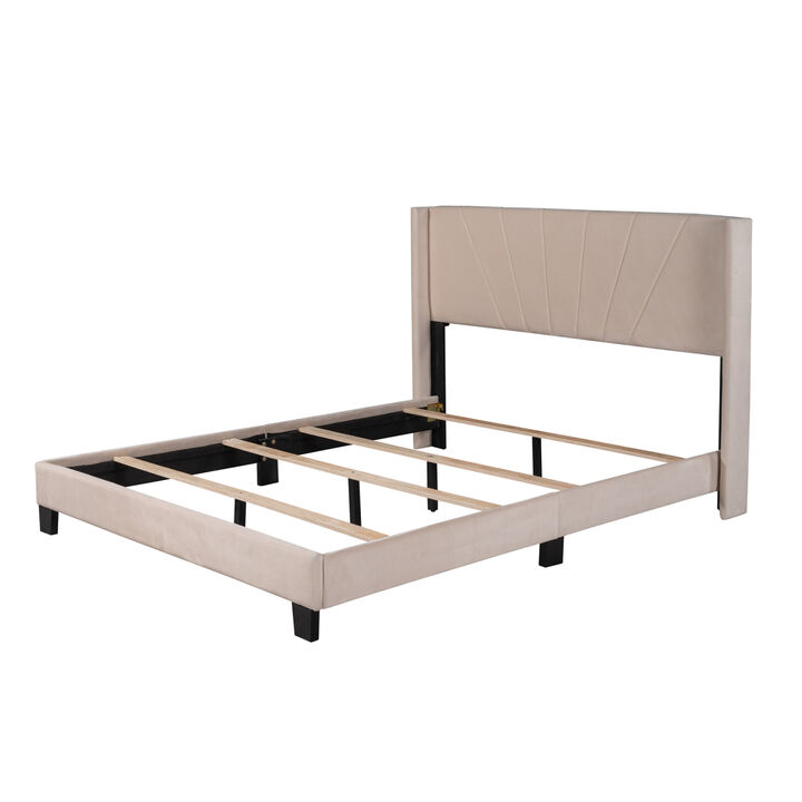 Queen Size Velvet Upholstered Platform Bed, Box Spring Needed - Gray